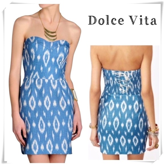 Dolce Vita Ikat Print Strapless Lace up Back Mini Dress in Mid Indigo Blue - Picture 1 of 8